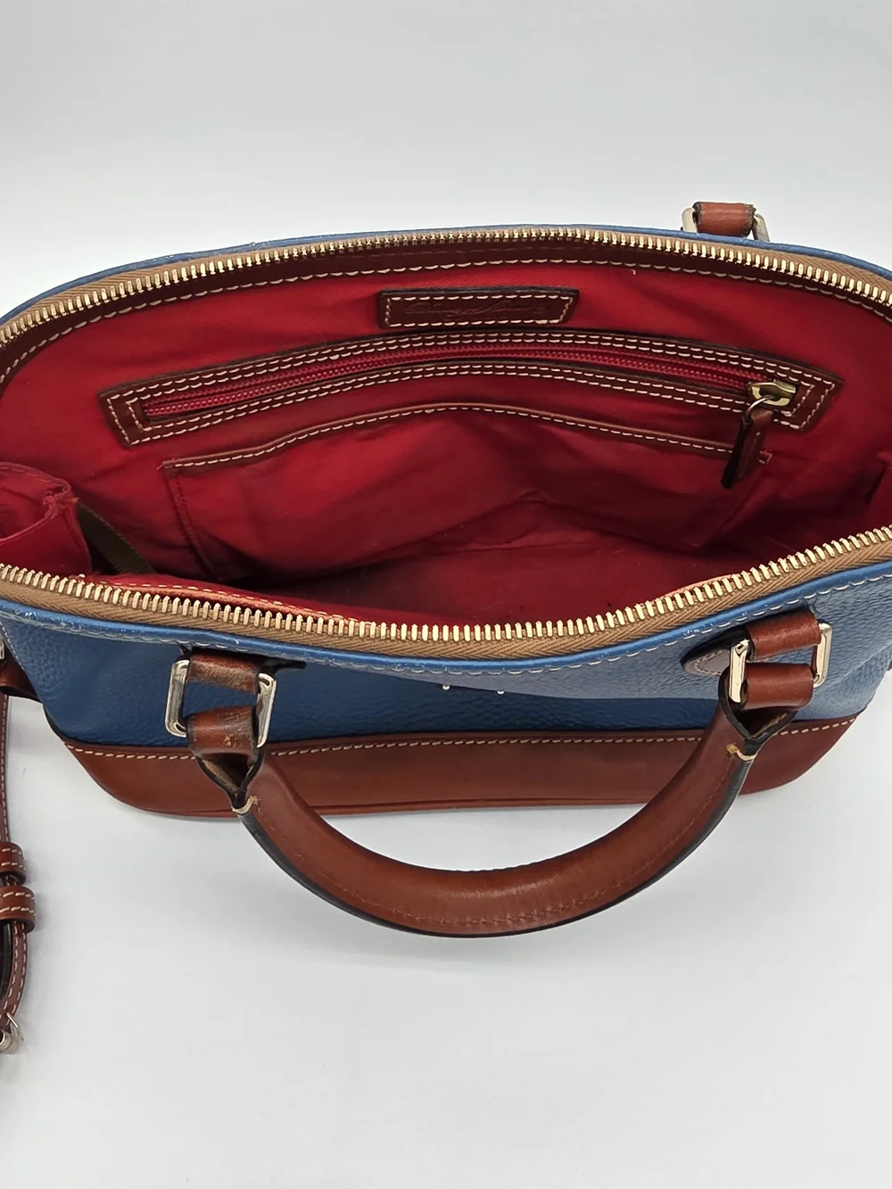 Dooney & Bourke Blue and Brown Leather Dome Satchel with Strap